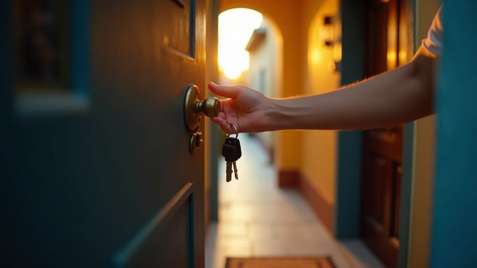 A hand on an apartment door handle and keys in the lock, hallway light behind.