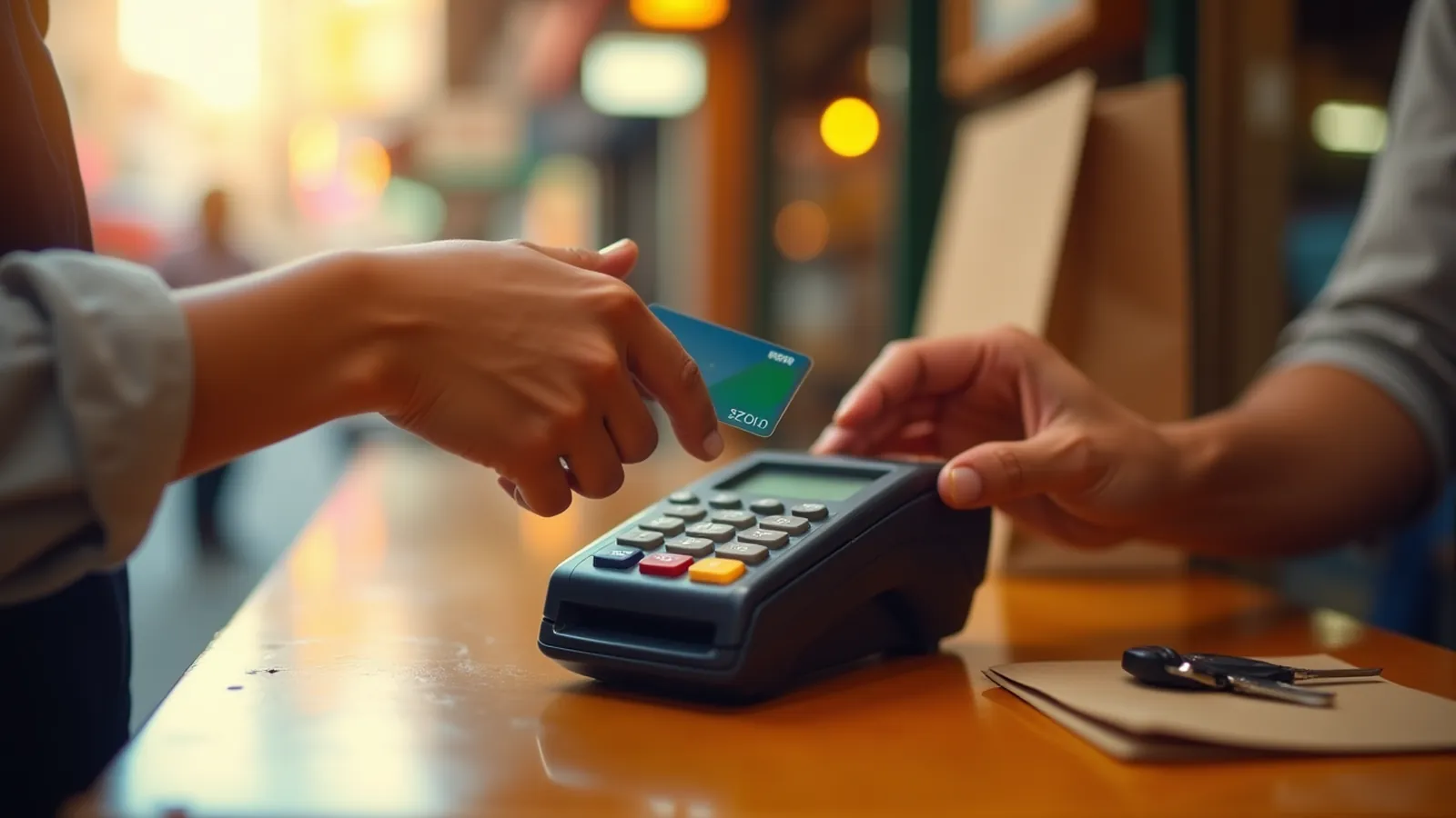 Hand holding a bank card toward a card reader at a shop counter