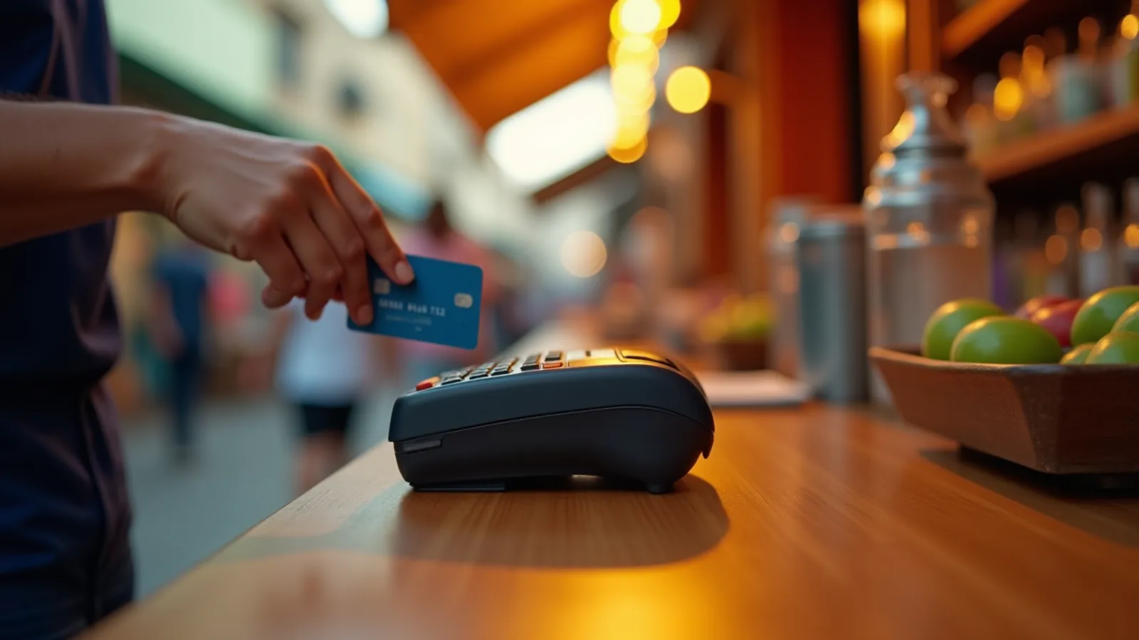 Hand holding a bank card near a plain reader beside a bill tray