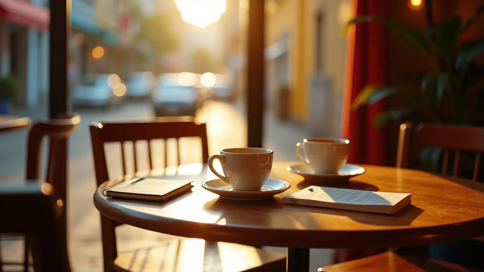 Café table set for a basic Spanish conversation with coffee, blank card, and notebook