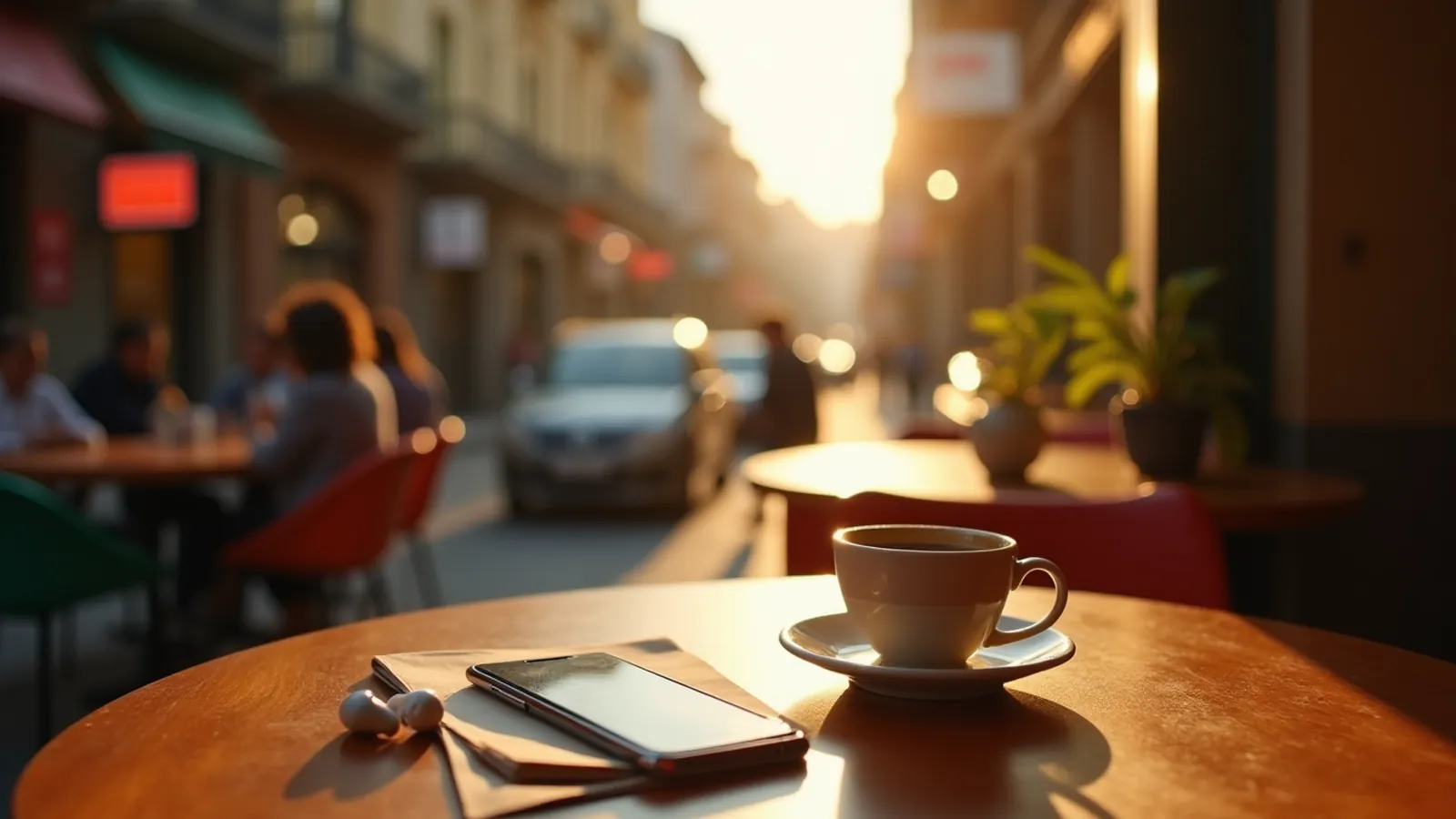 Beginner Spanish listening practice with earbuds, coffee and a blank notebook at a sunny café table