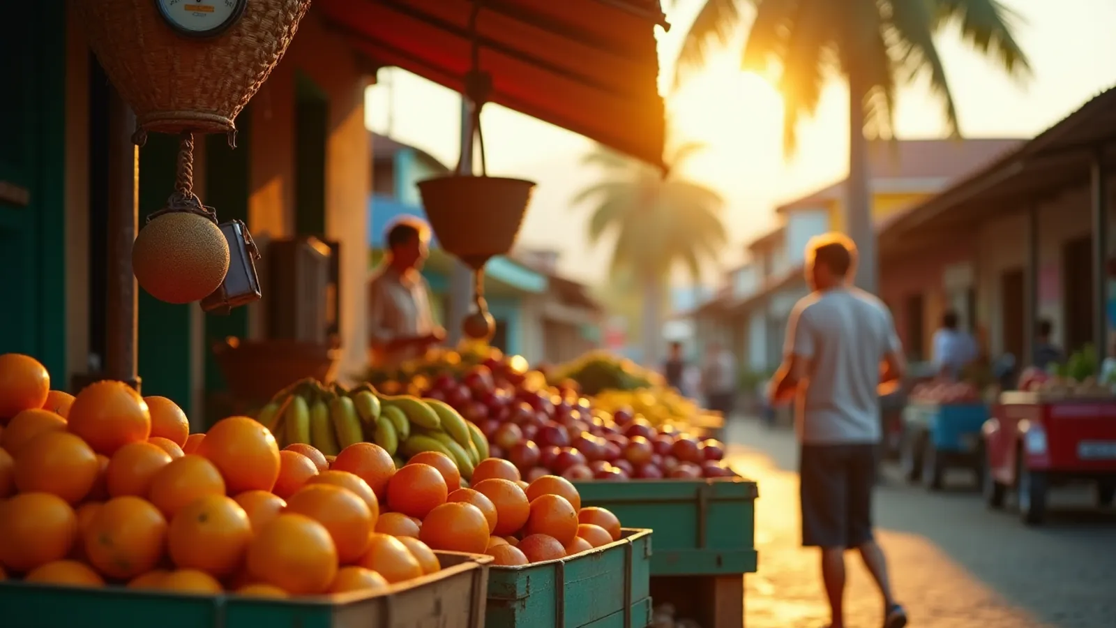 Fruit market stall with baskets, scale and distant learner practicing buying fruit in Spanish.