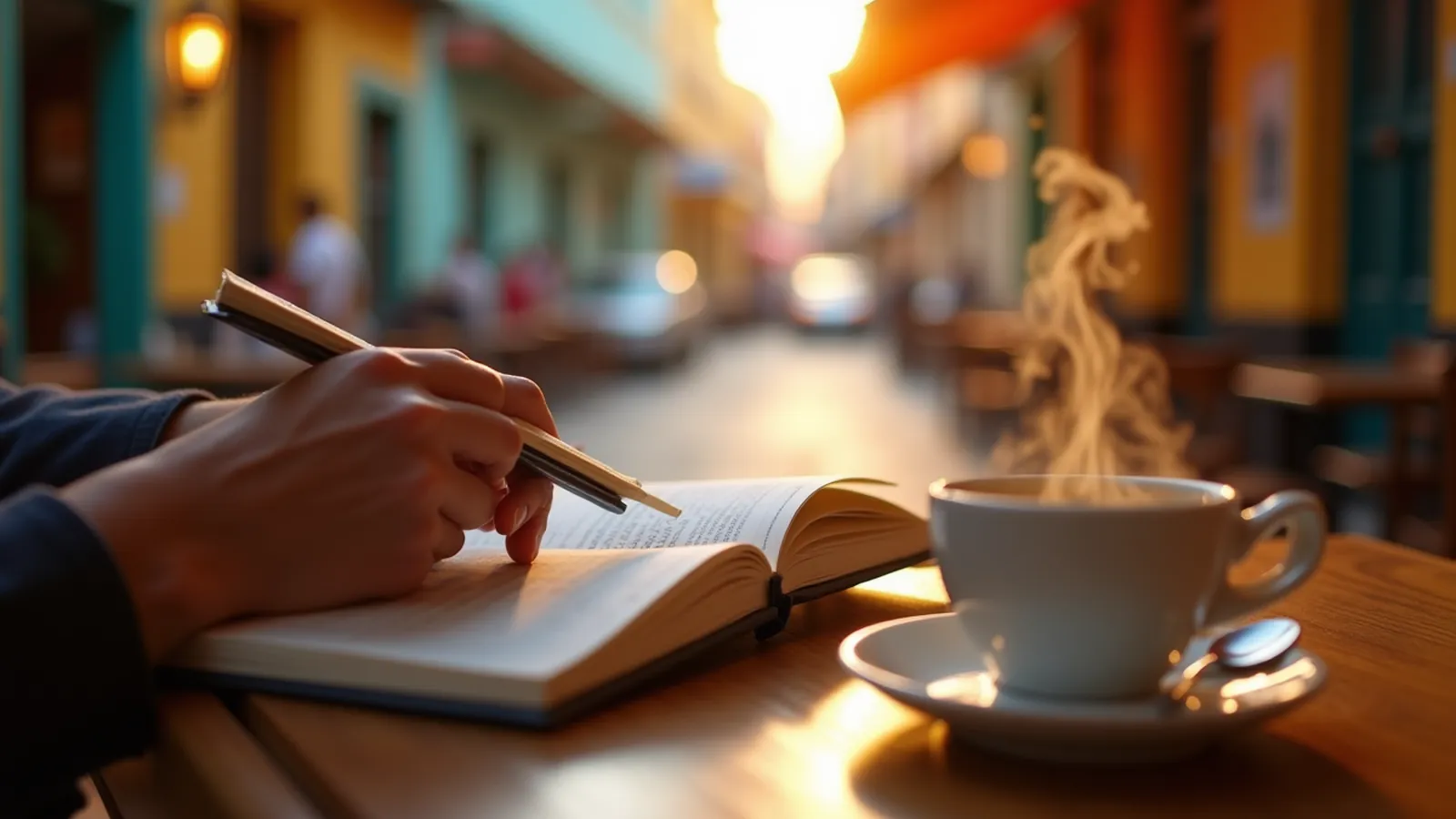 Hands holding a notebook beside a cup at a café counter