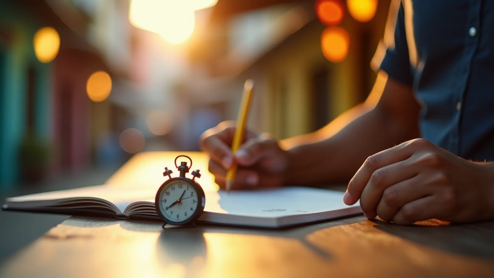 Hand tapping pencil beside mechanical timer and notebook in afternoon kitchen light.