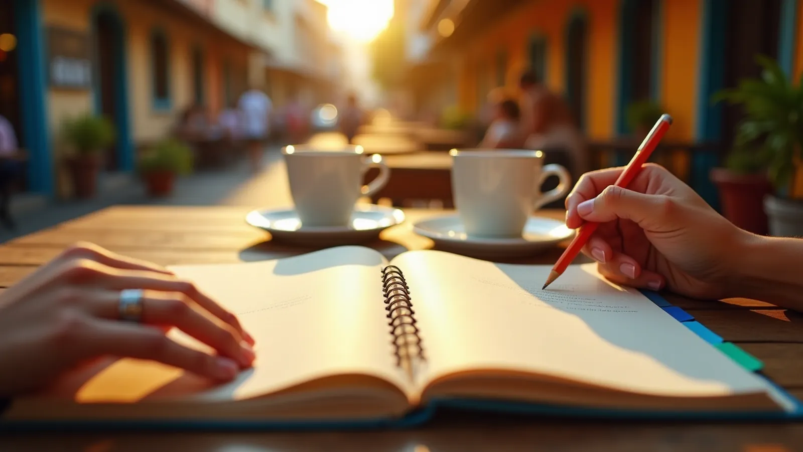 Two open notebooks with colored tabs and coffee cups on a sunlit kitchen table