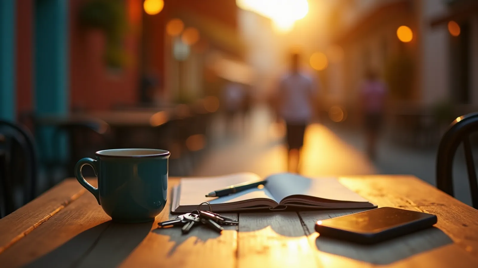 A daily Spanish routine begins at a sunlit kitchen table with notebook, keys and coffee