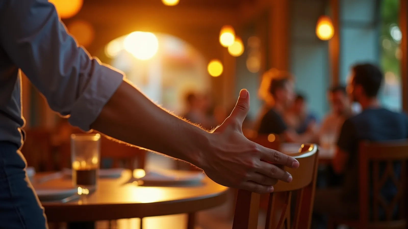 A host's hand pulls out a chair for a guest, inviting a switch to tú.