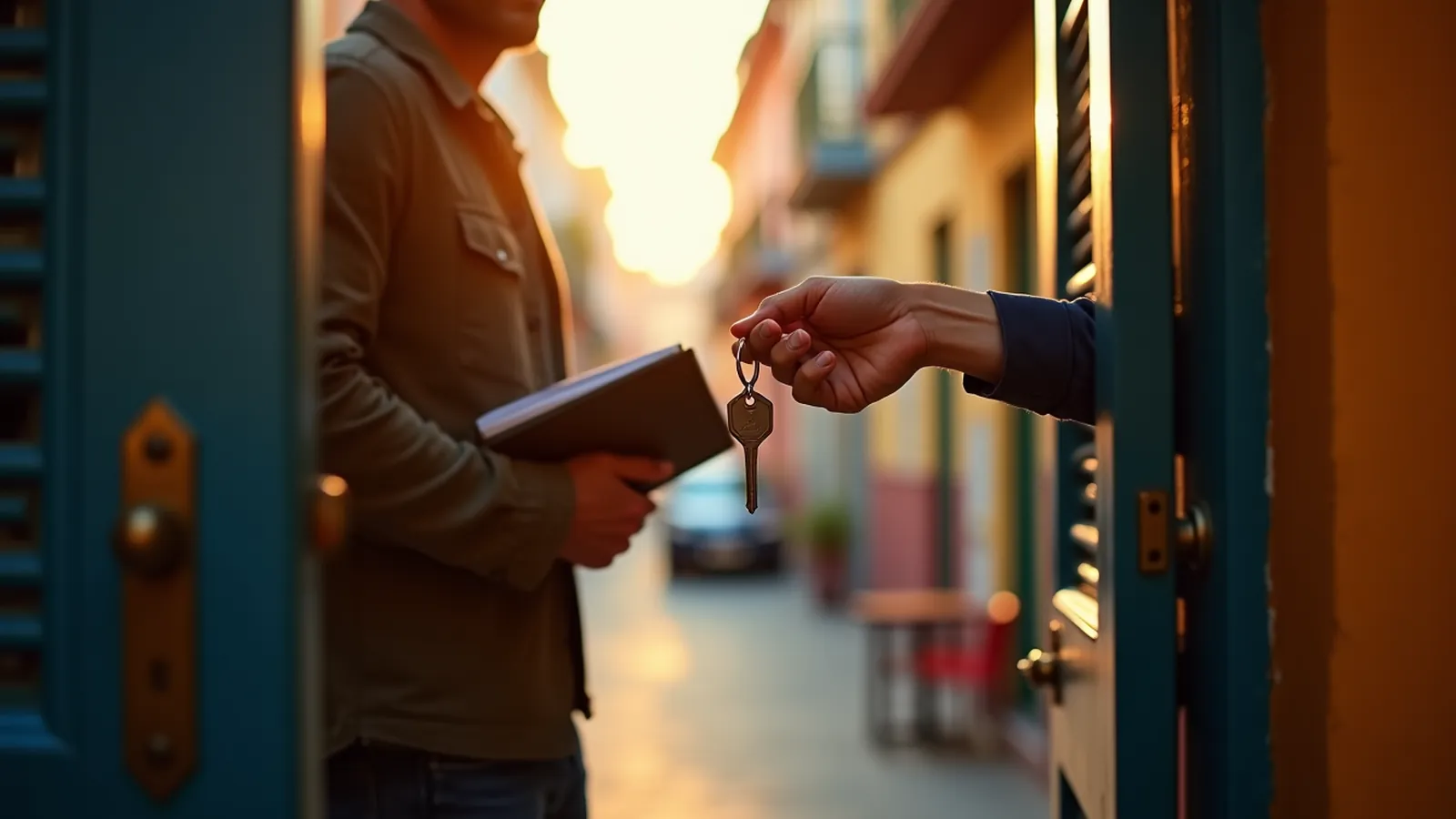 A visitor seen from behind at an apartment door receiving a key.