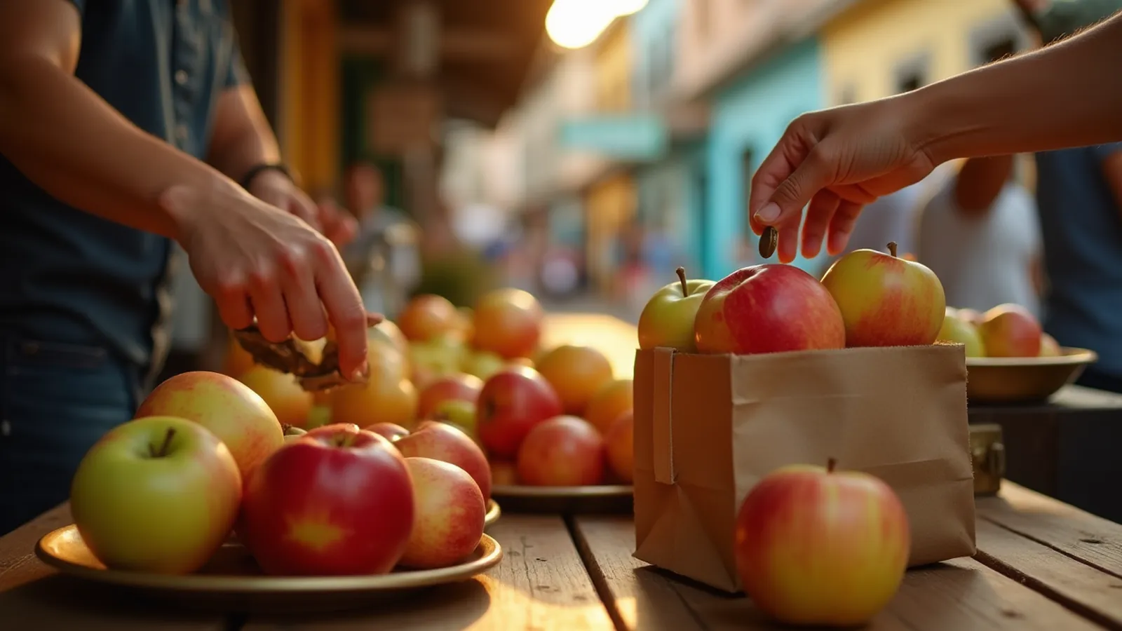 Hand counting coins beside a paper bag of apples at a market counter.