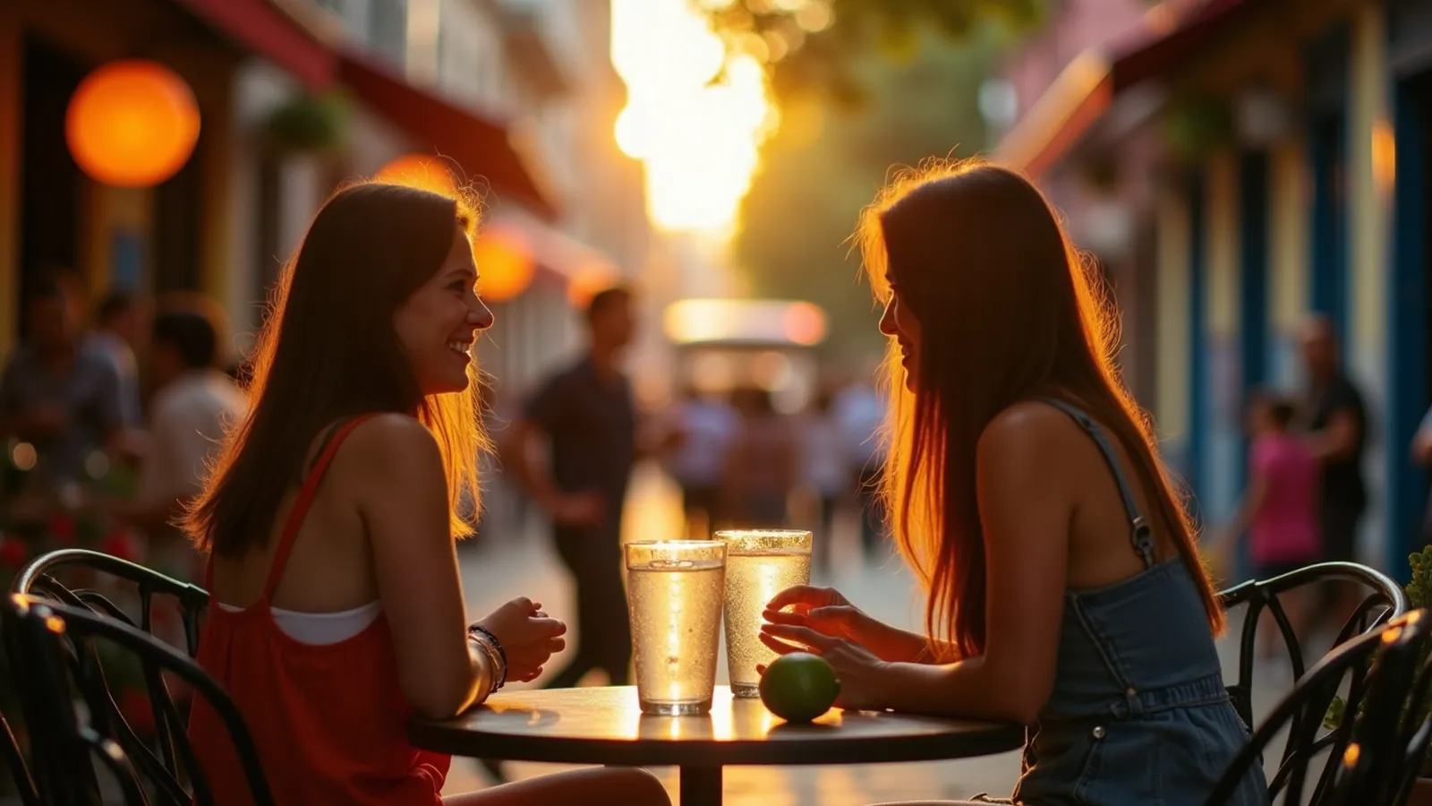 Two people from behind at a Mexico City street café, Mexican Spanish slang around them