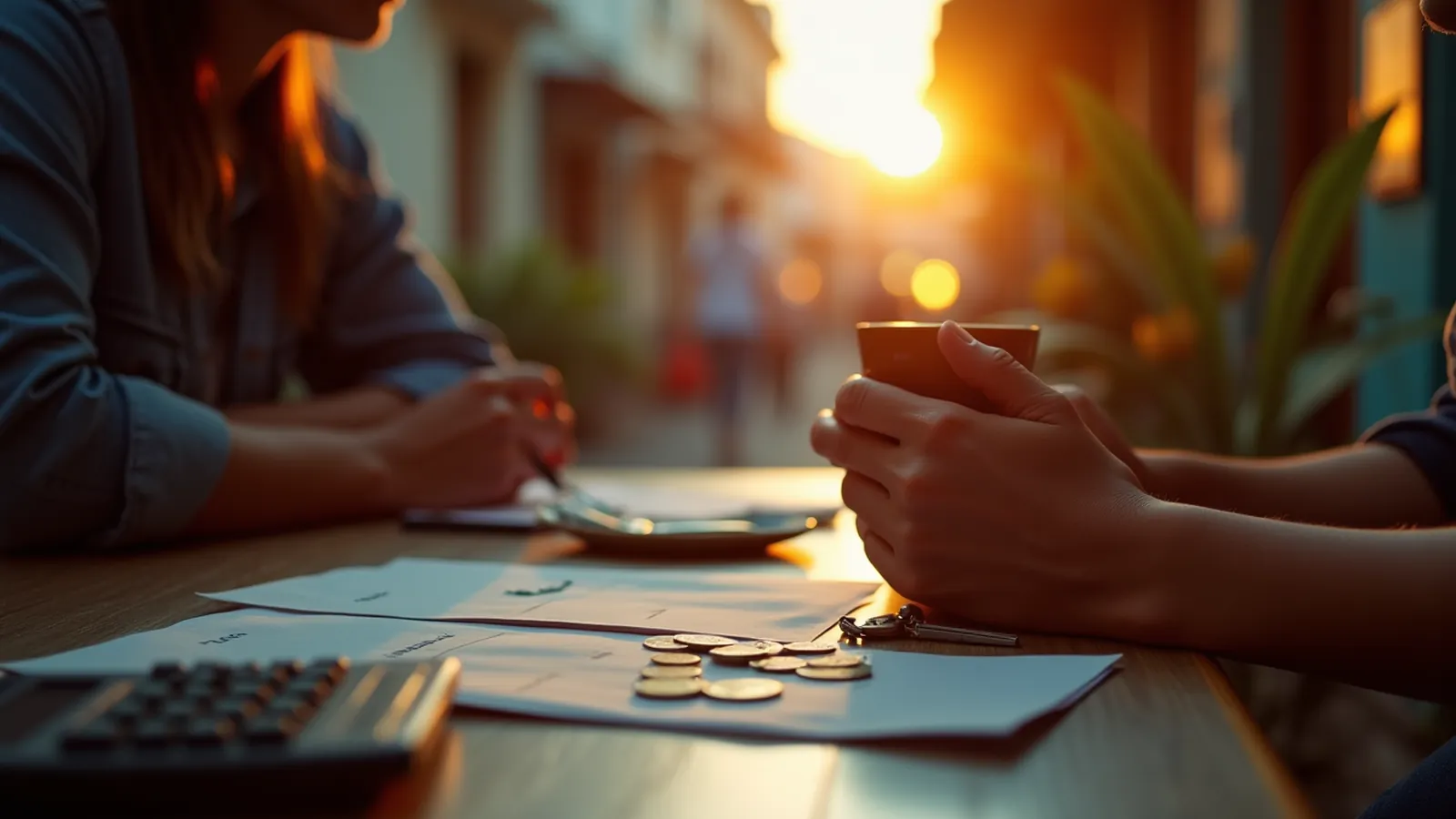 Blank utility envelopes, loose coins and keys on a kitchen table in warm evening light