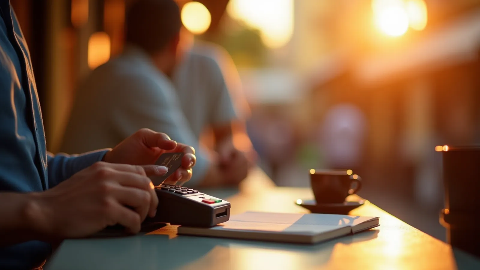 Customer paying by card in Spanish at a sunlit café counter, card reader and coffee nearby