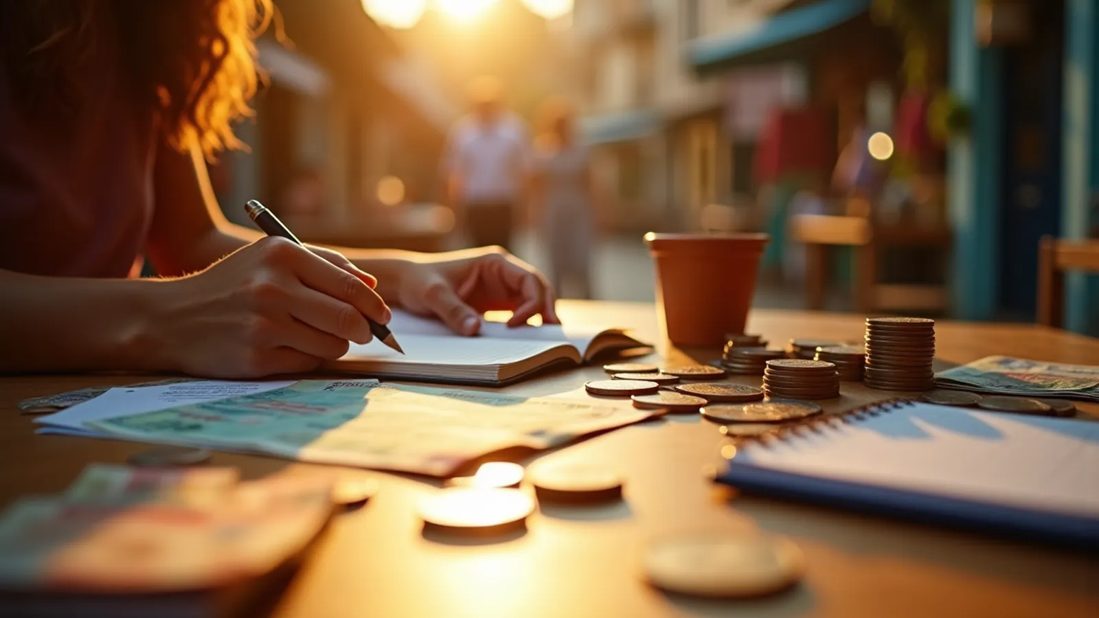 Hands sorting coins beside a blank notebook for prices in Spanish practice