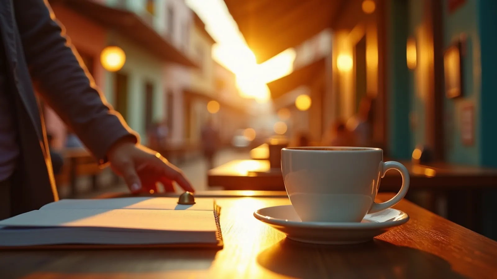 Sunlit café counter with a hand, coffee and notebook, illustrating Qué desea meaning in Spanish.