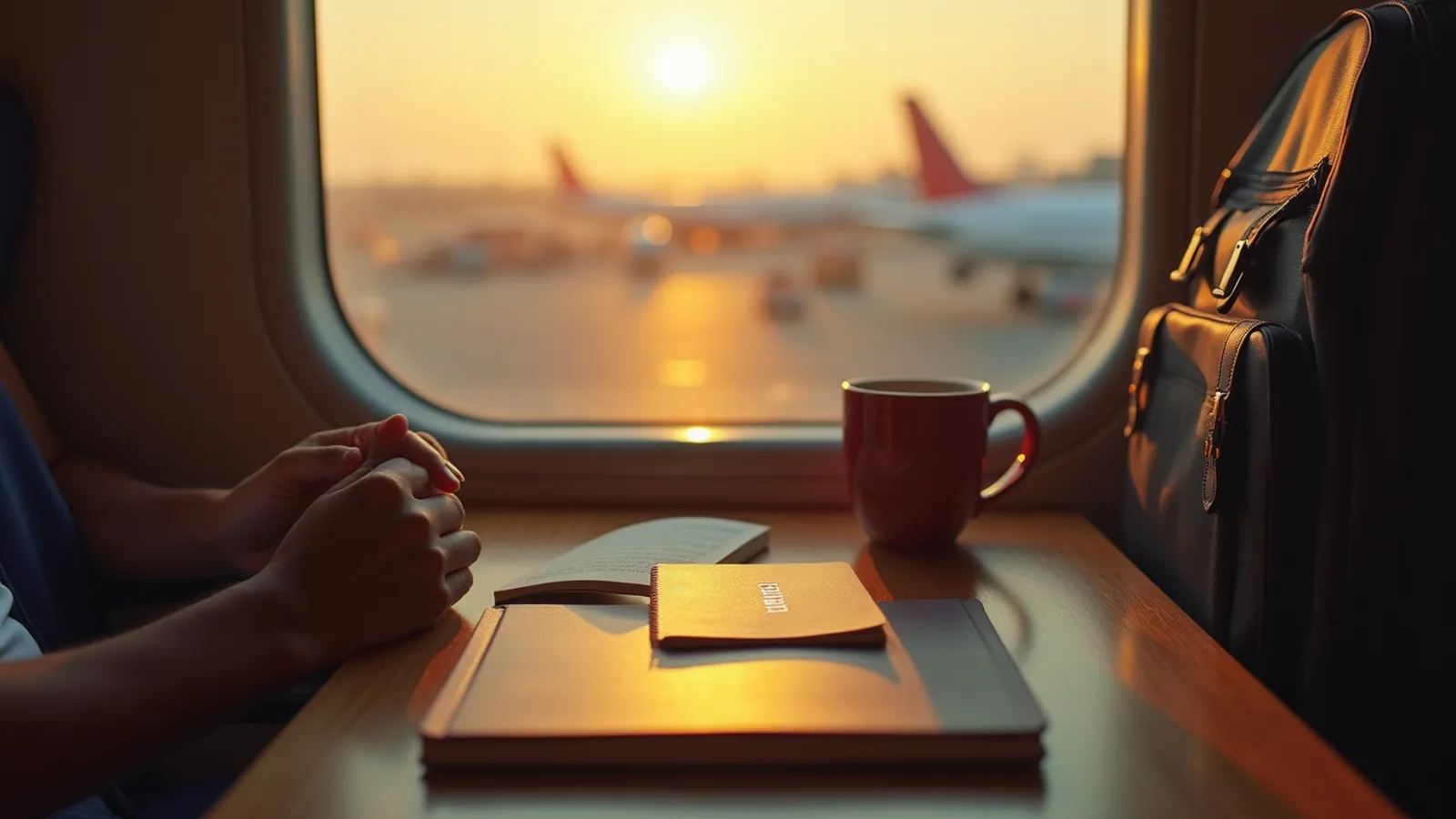 Traveler's hands with passport and notebook at an airport window, preparing Spanish airport immigration questions.