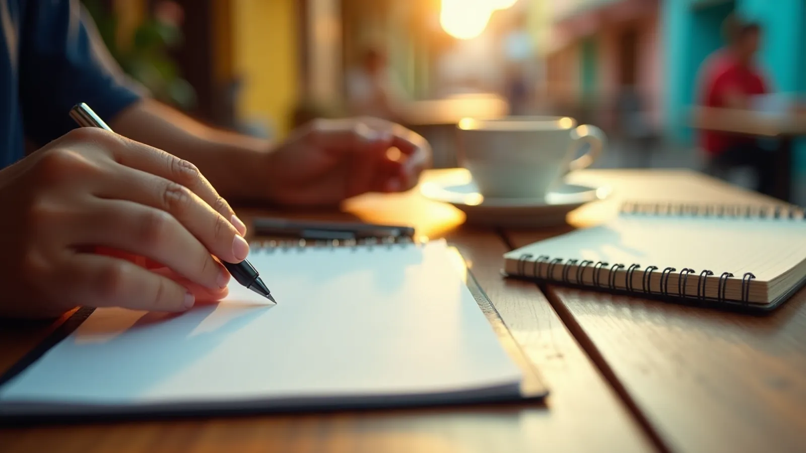 Hand resting on blank index card with pen on wooden desk