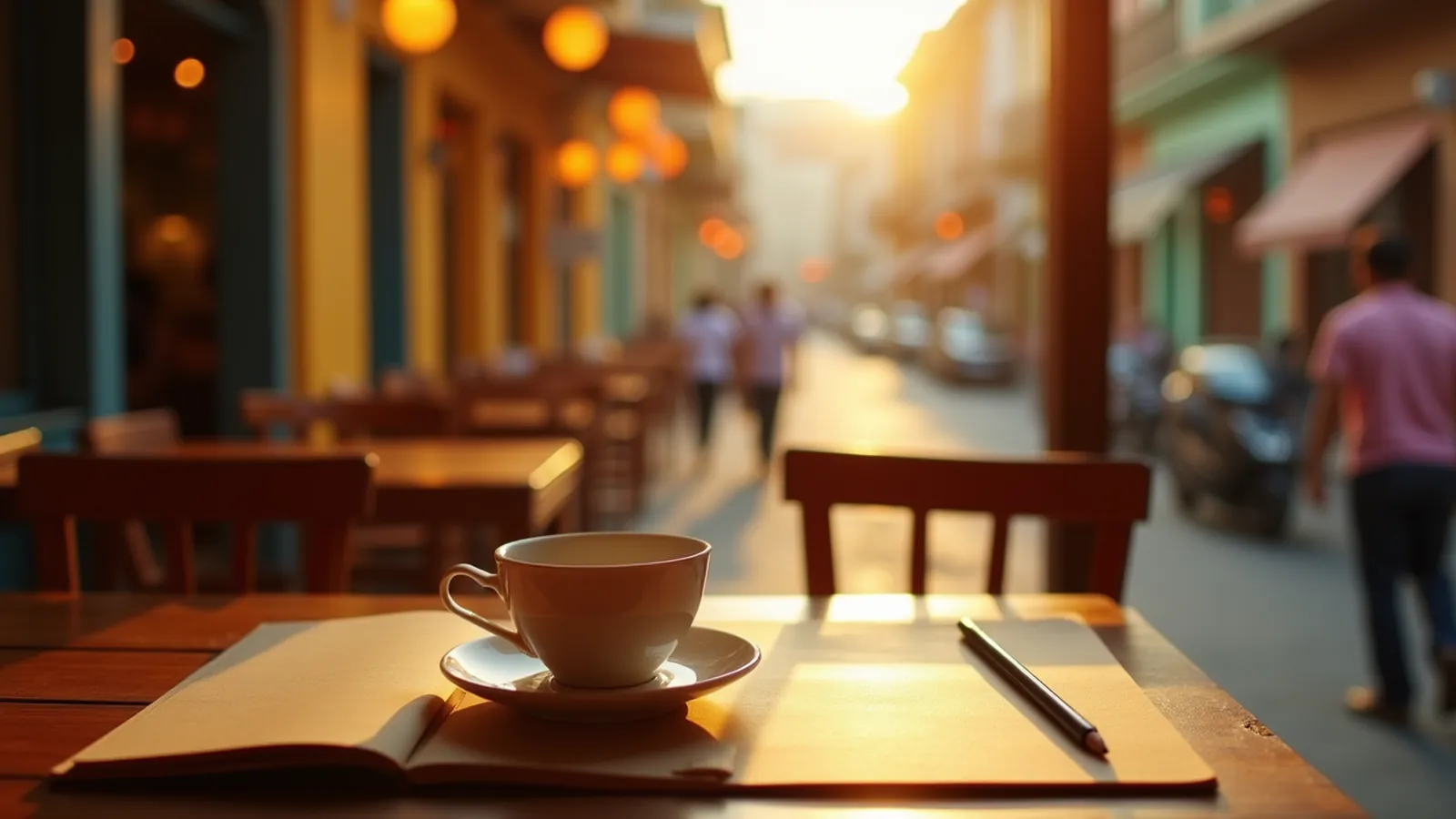 Spanish conversation practice scene: notebook and coffee cup on a sunny café counter