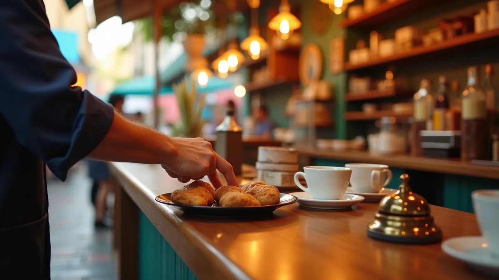 Hand gesturing near a café counter tray with cups and a small bell.