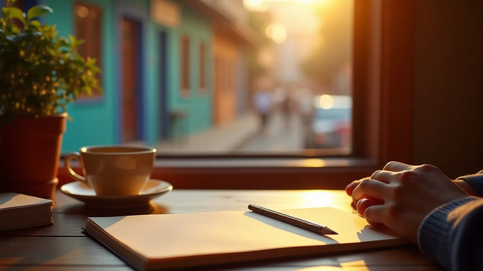 Hands write in a blank notebook beside tea and cards at a desk