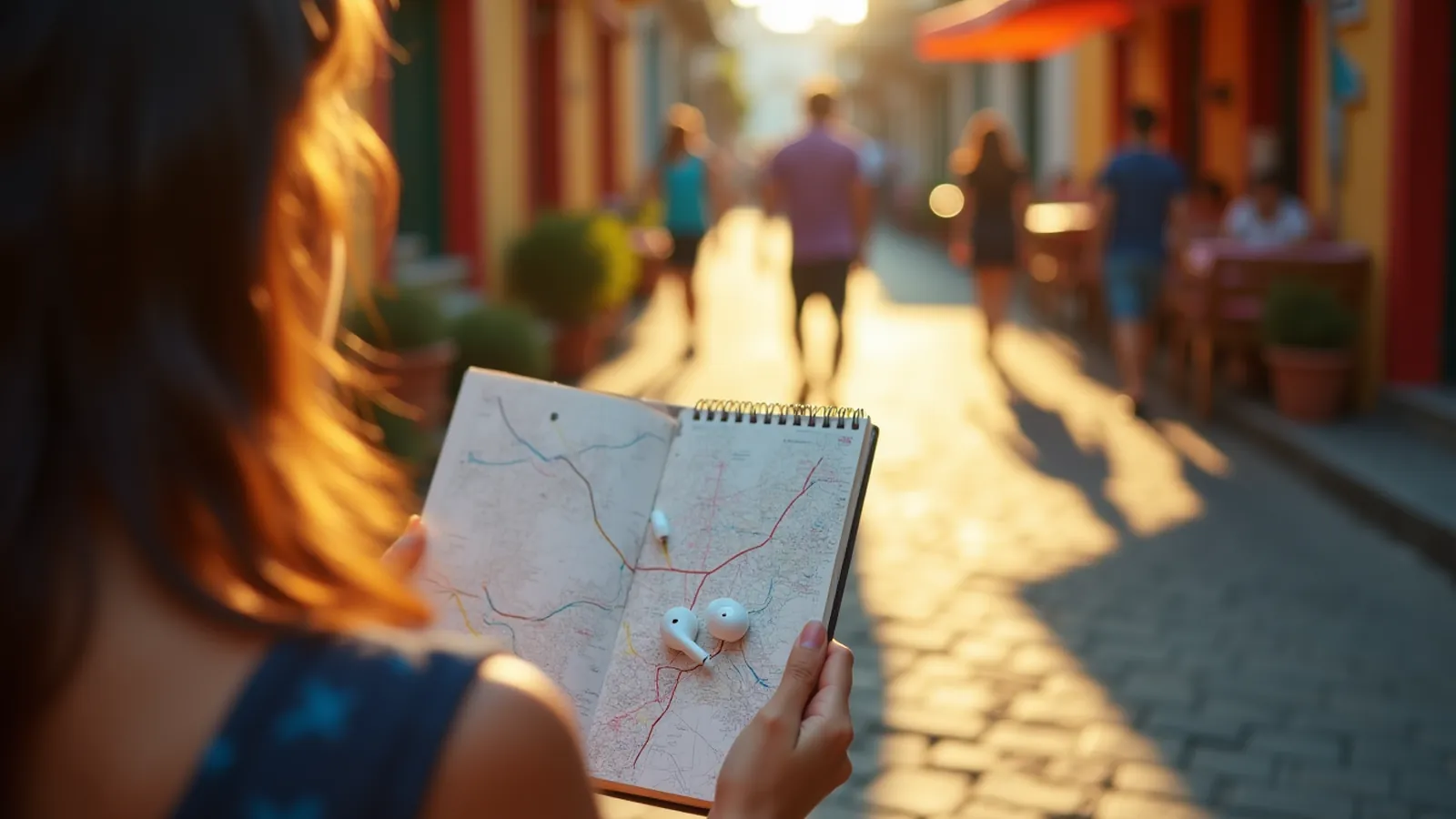 A person from behind at a street corner holding a notebook and map, practicing Spanish directions.