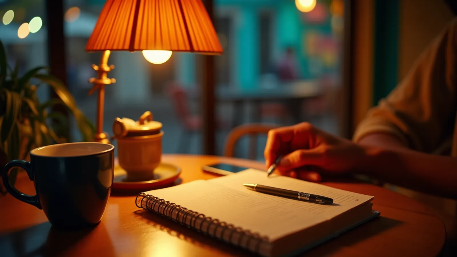 Closed phrasebook, notebook and mug on a dusky kitchen table, Spanish for Expats study