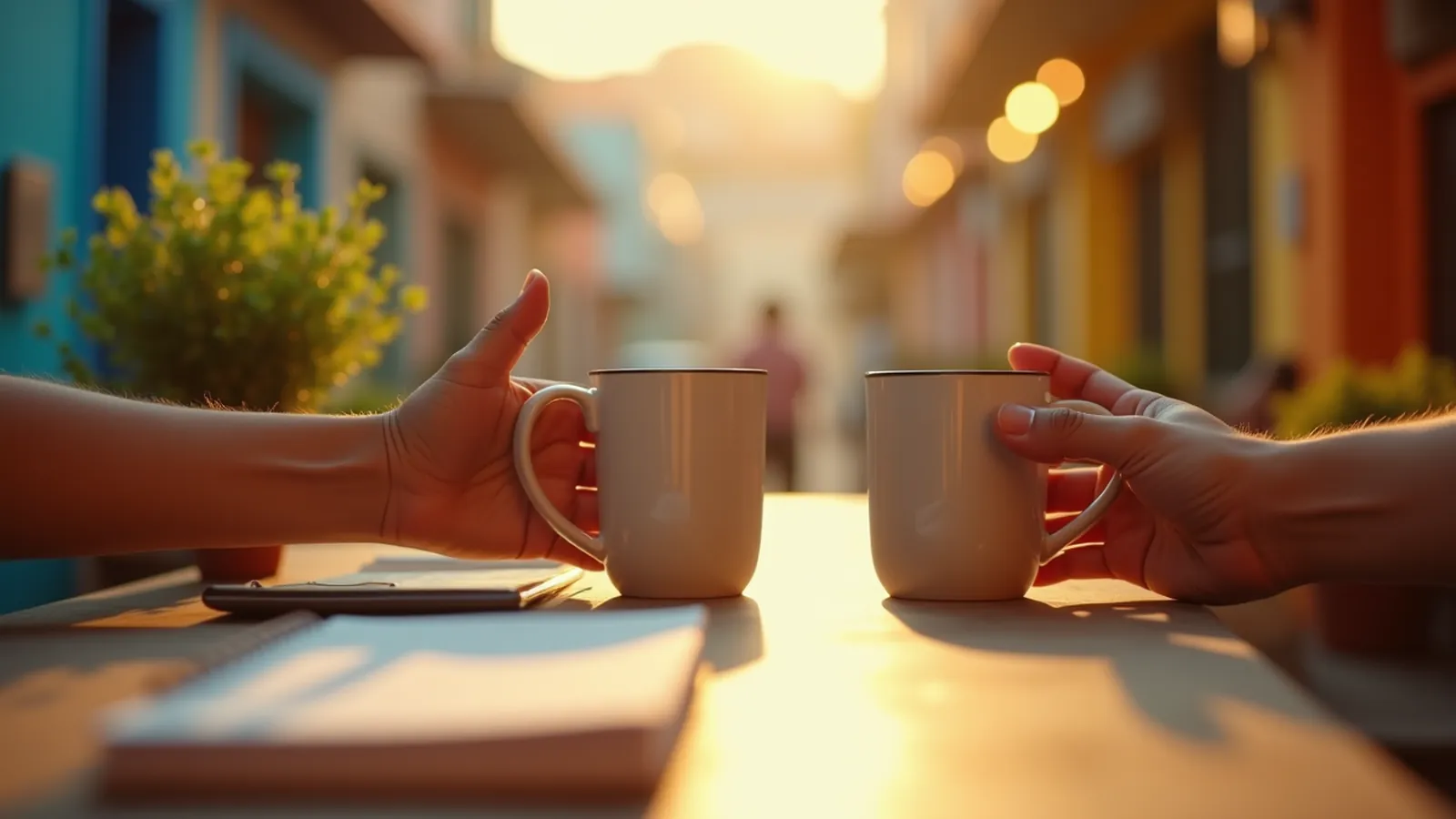 Two hands gesture beside coffee mugs in a sunny office kitchen.