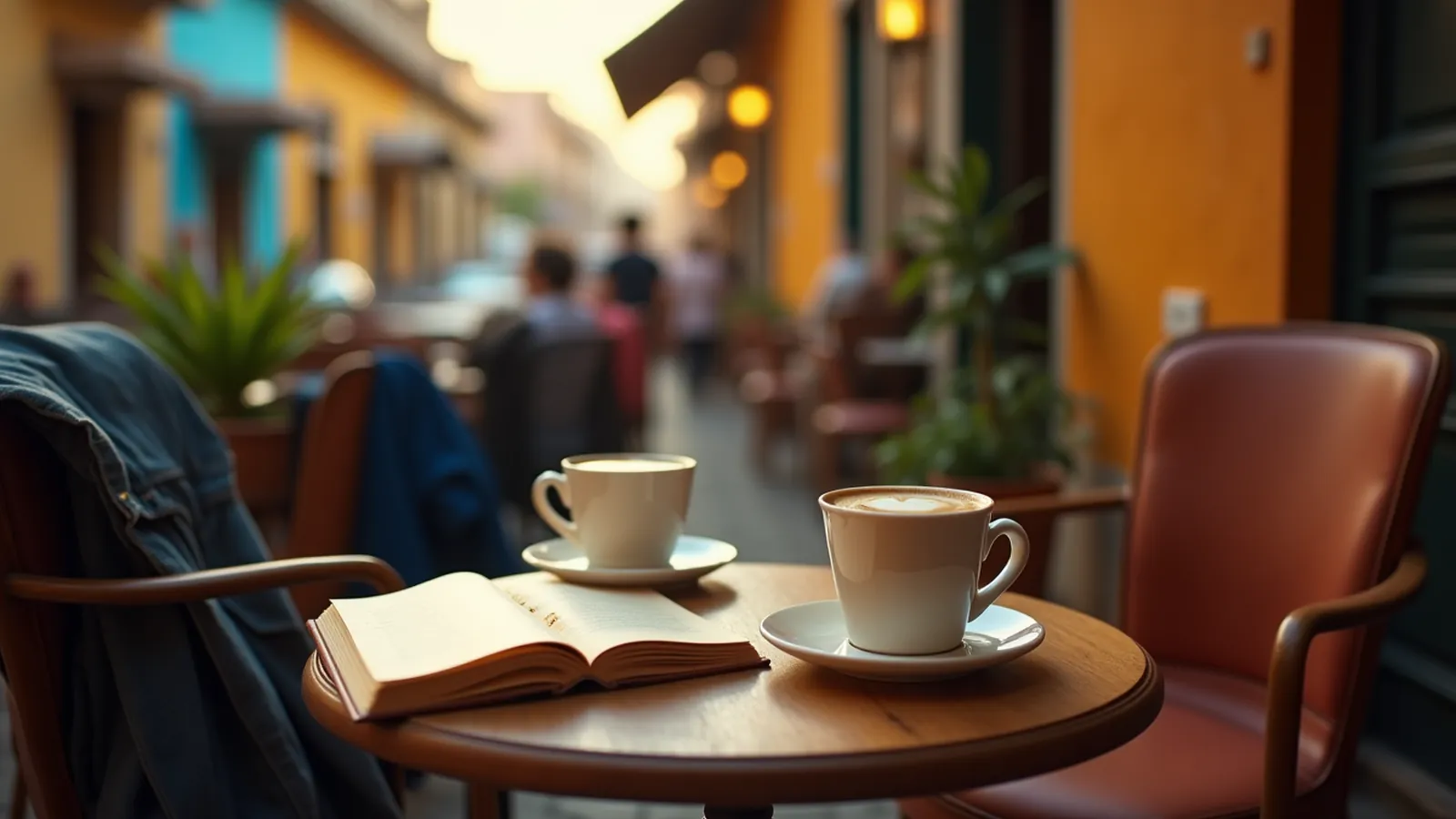 Coffee cups and blank flashcards on a café table for Spanish introduction practice.
