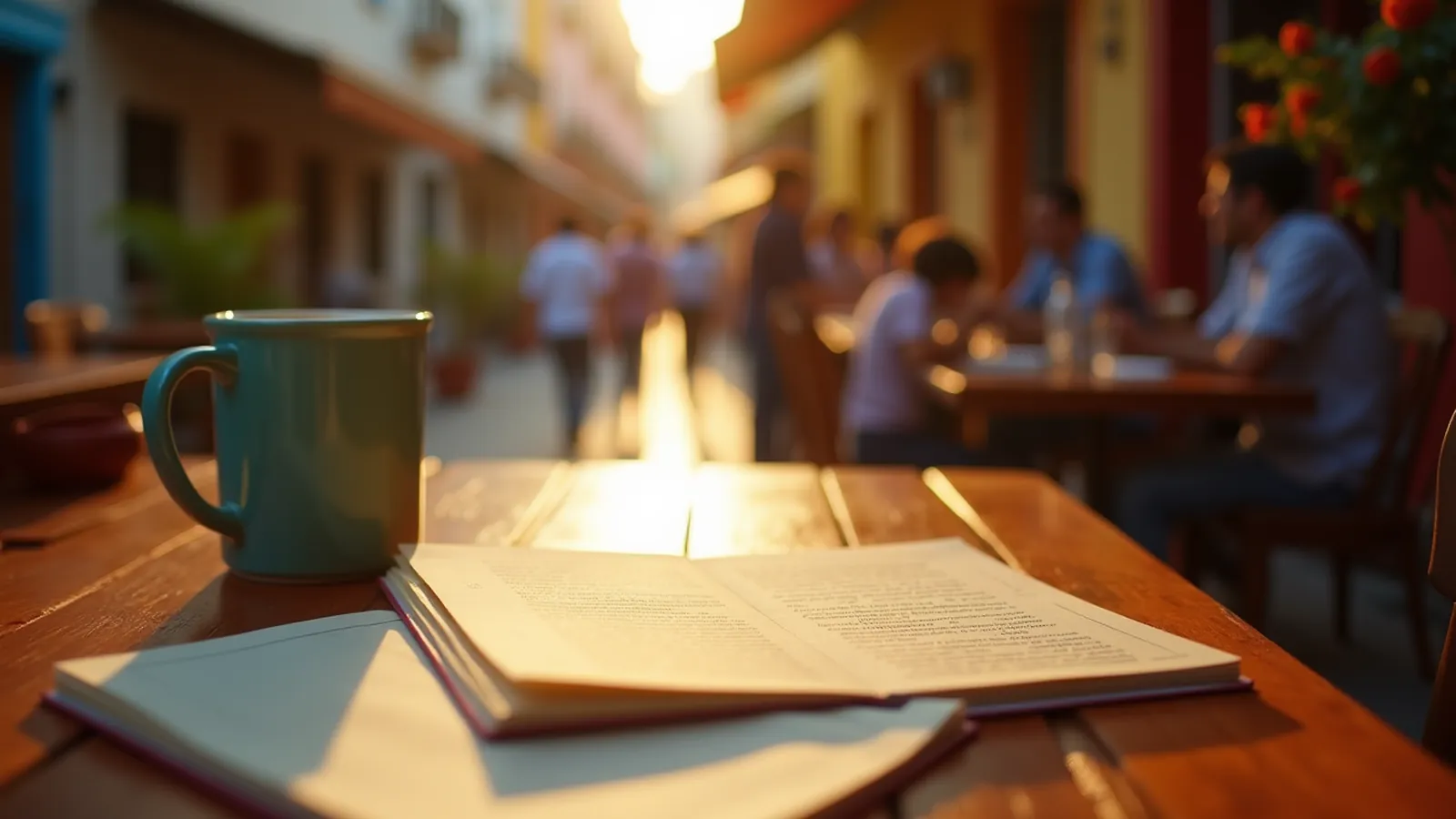 Closed Spanish phrasebook and mug on a sunlit table, where you stop translating in your head.
