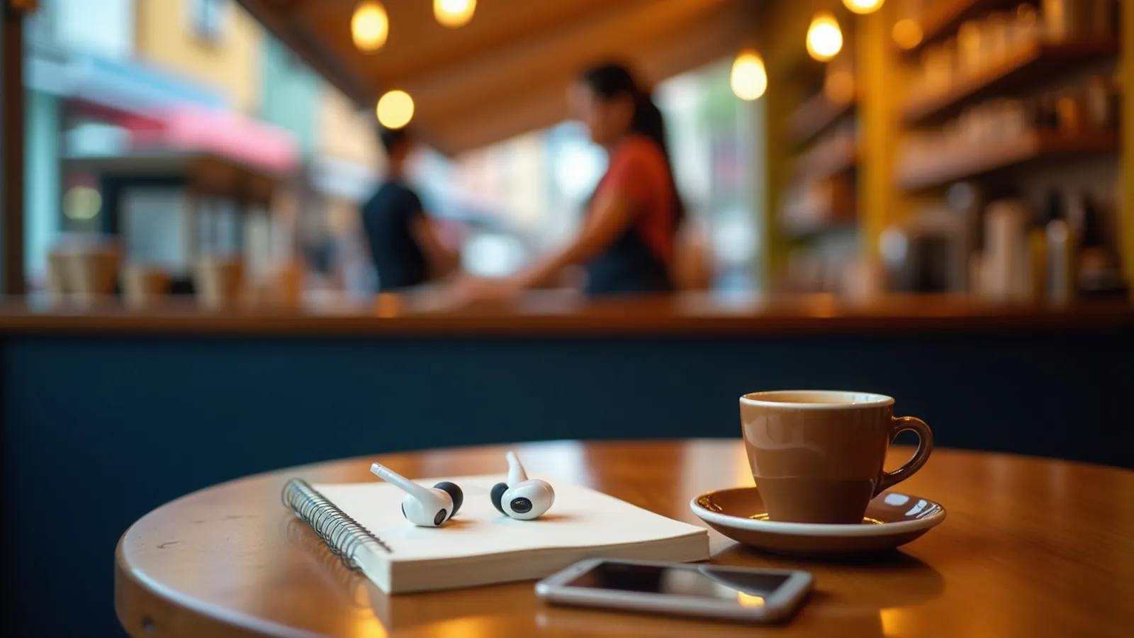 Spanish listening practice setup with earbuds, coffee and a blank notebook on a café table.