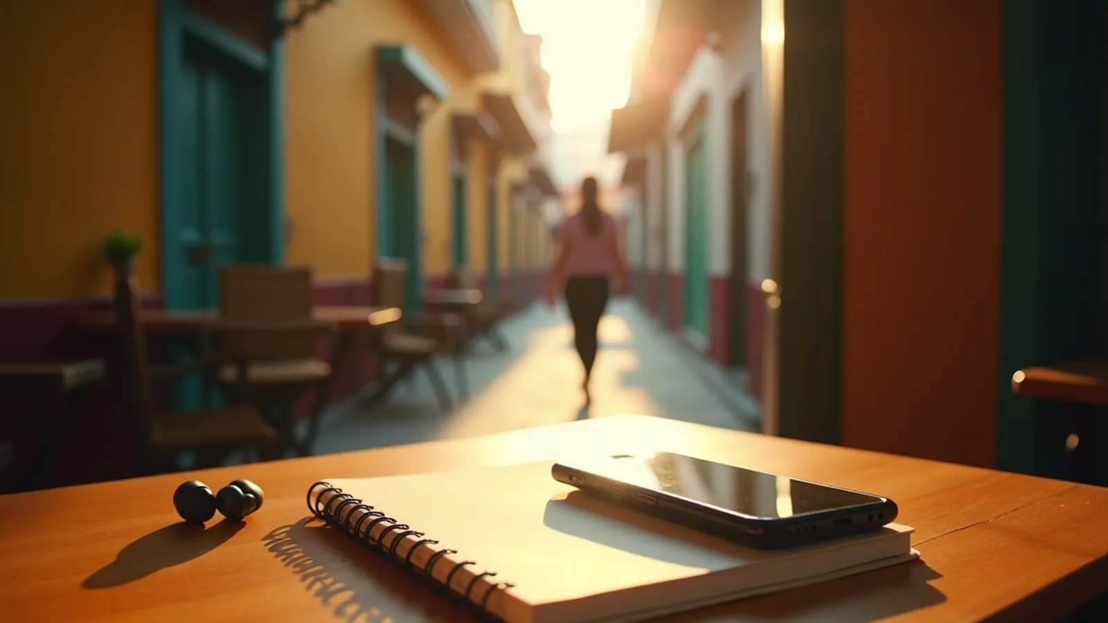 Earbuds and blank notebook on a kitchen table, with someone walking outside.