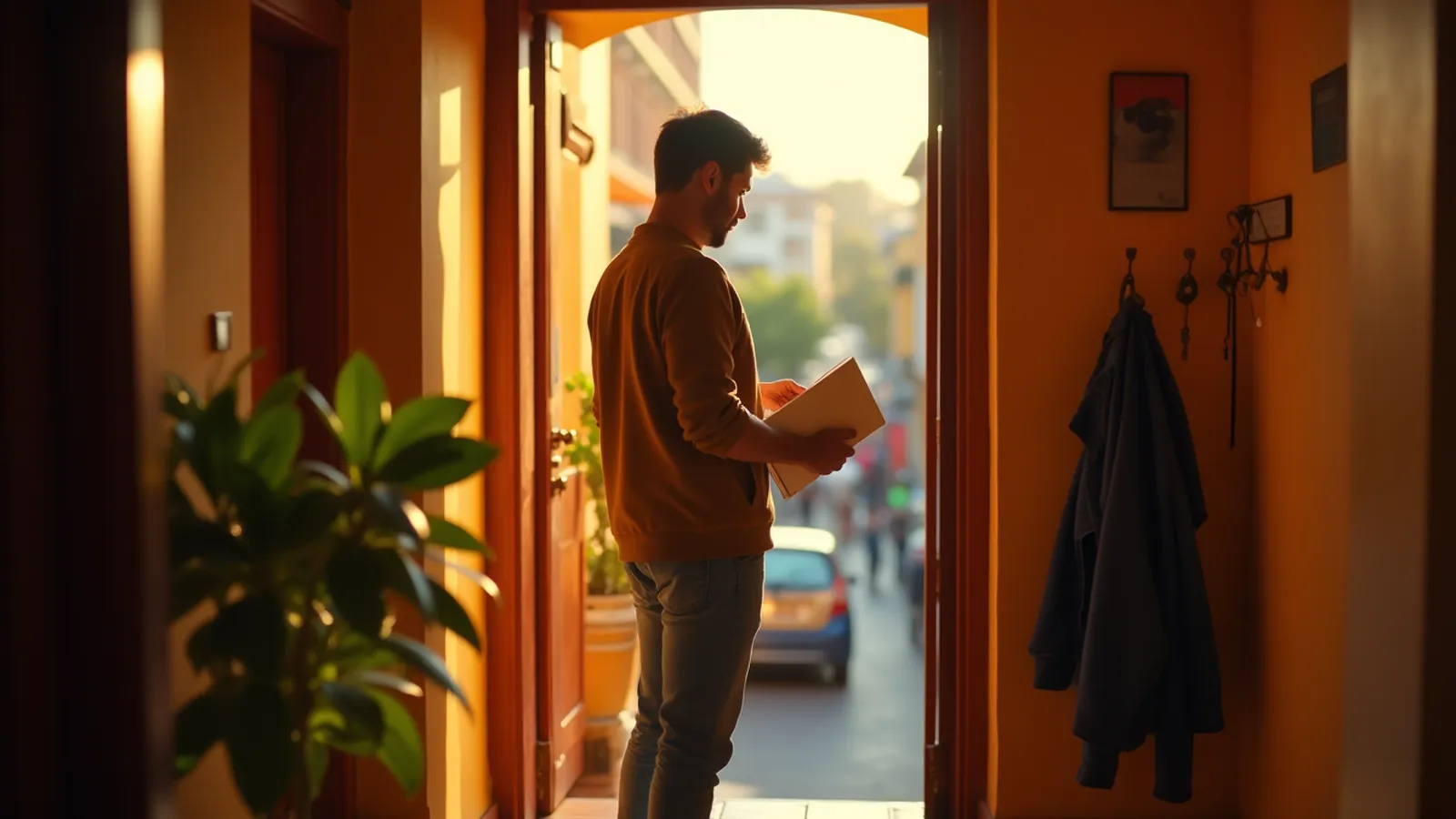 Practising Spanish neighbour greetings at an open apartment doorway