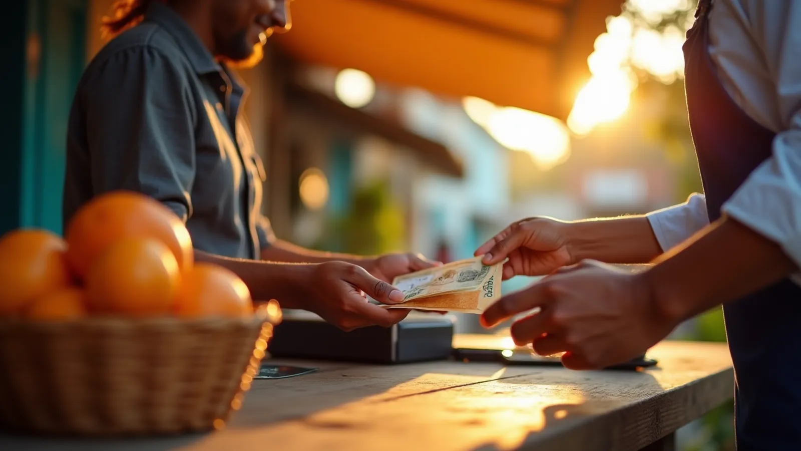 Hands pass a banknote at a market till, a calm setting for Spanish numbers practice