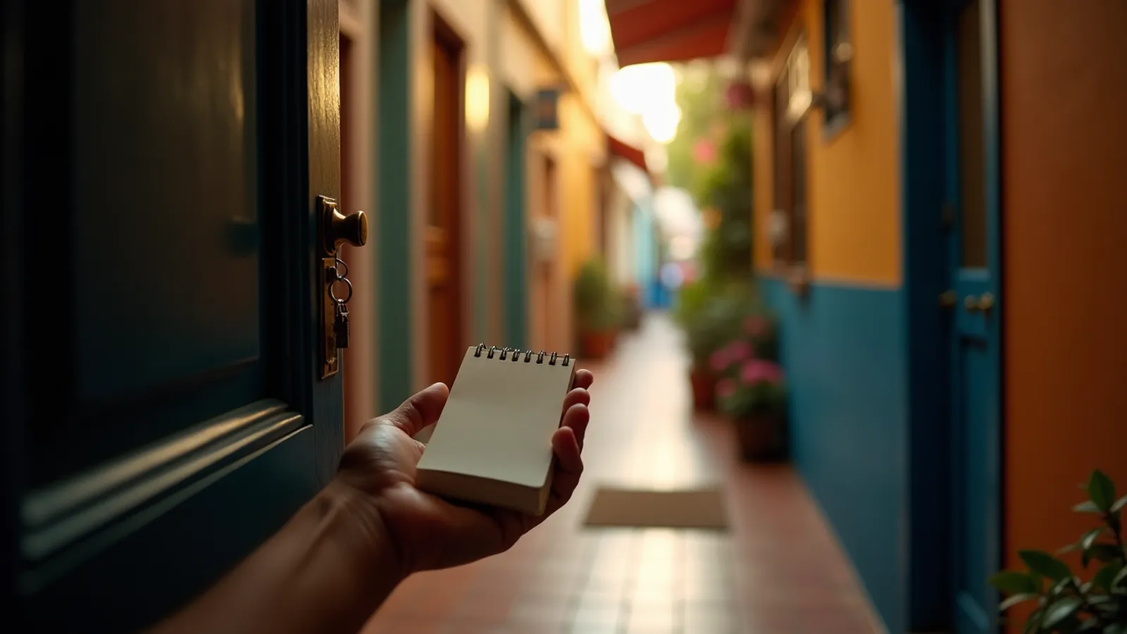 A notebook of Spanish phrases beside a door key in a hallway.