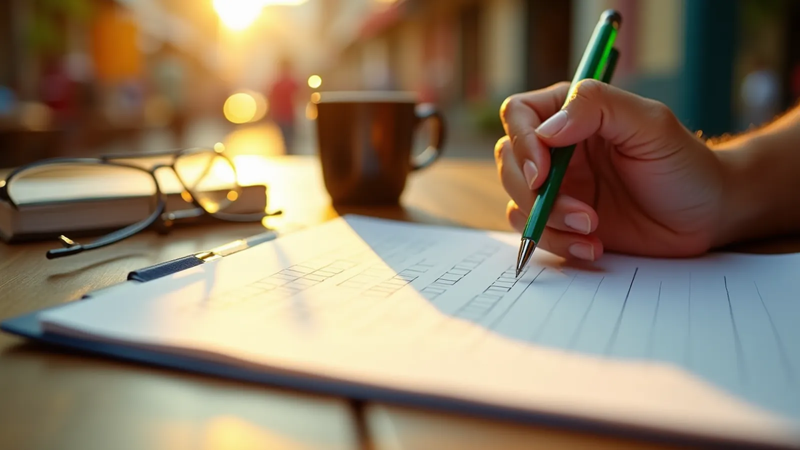 A hand ticking empty checklist boxes beside coffee and a closed notebook
