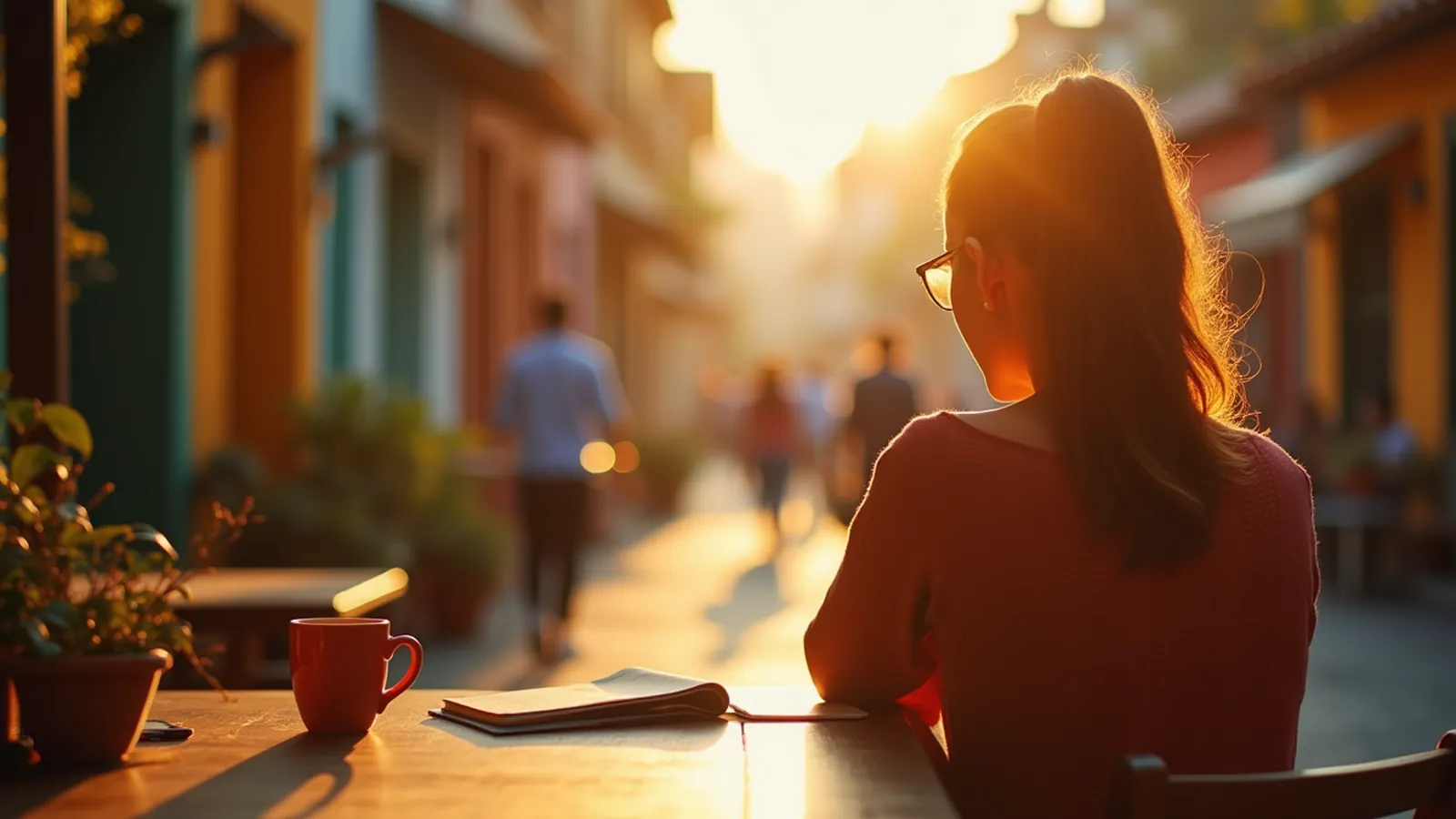 A beginner's Spanish shadowing practice setup with earbuds, mug and notebook at a sunlit table.