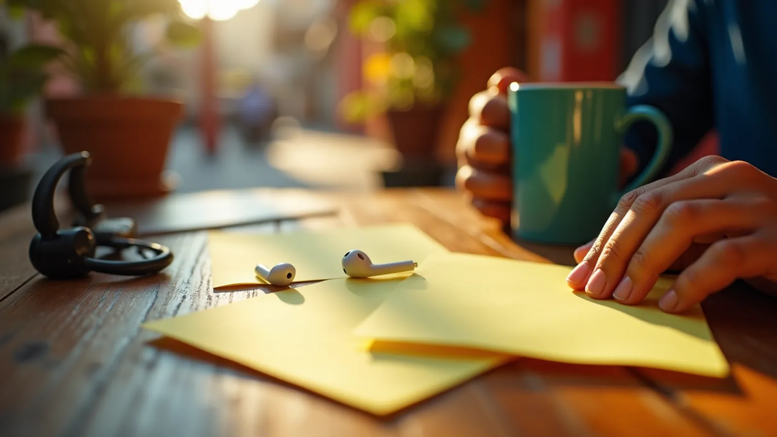 Three blank notes, earbuds and a mug on a desk in soft daylight.