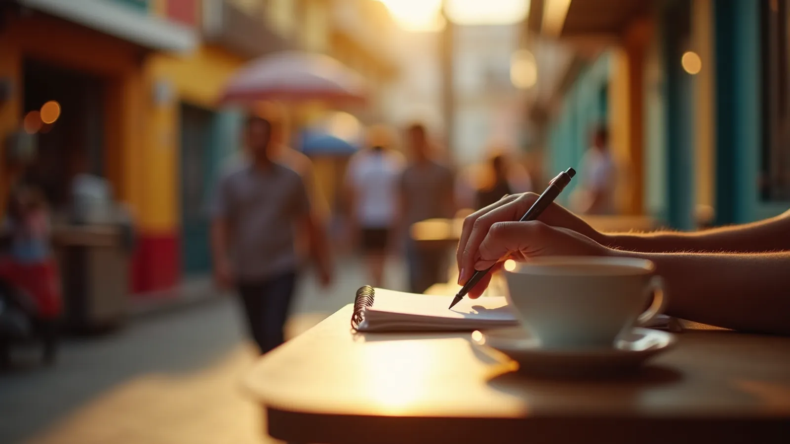 Hands beside a notebook and coffee cup as blurred people pass in a café