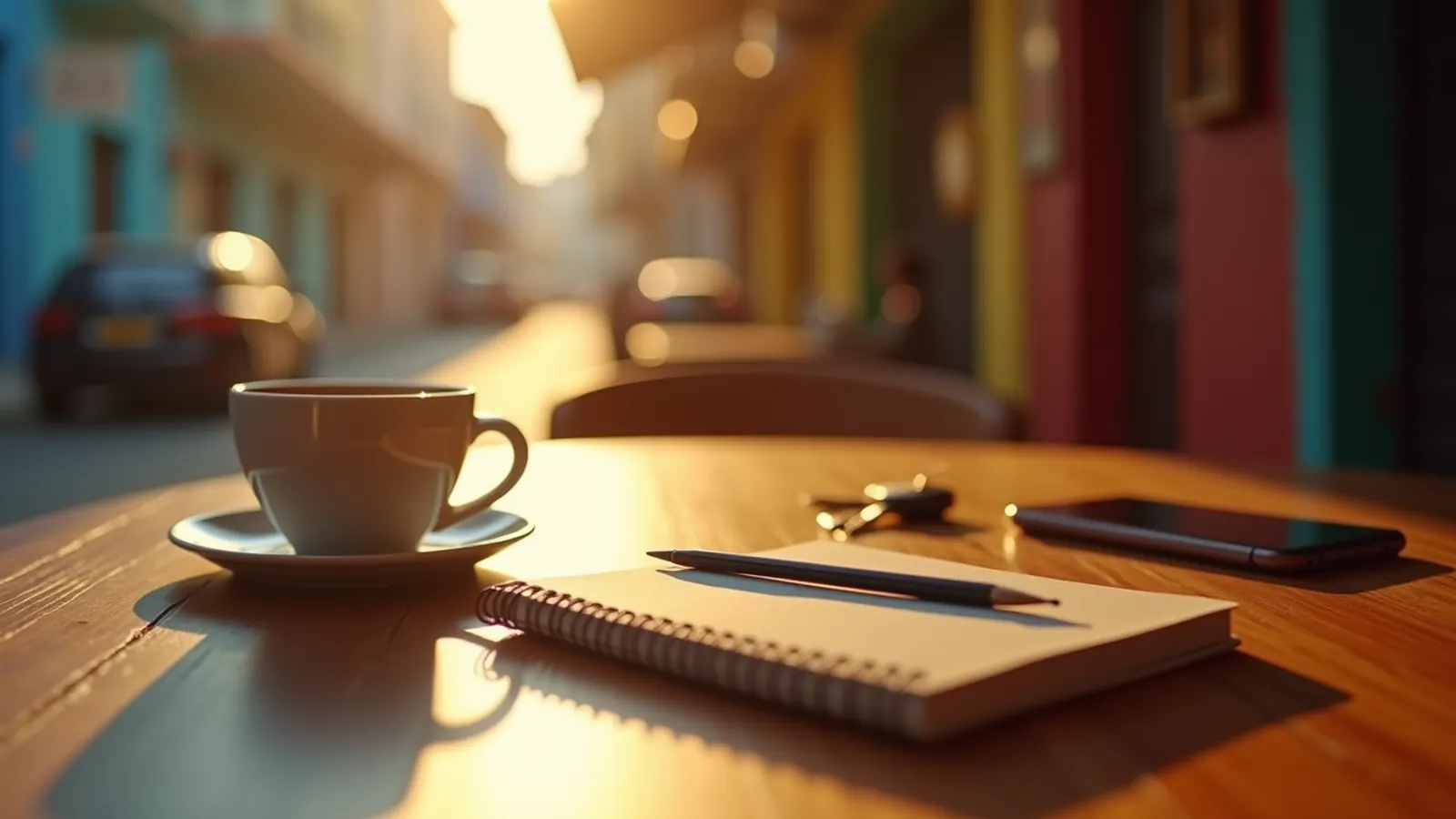Closed notebook, espresso cup and phone on a sunlit table for Spanish survival phrases.