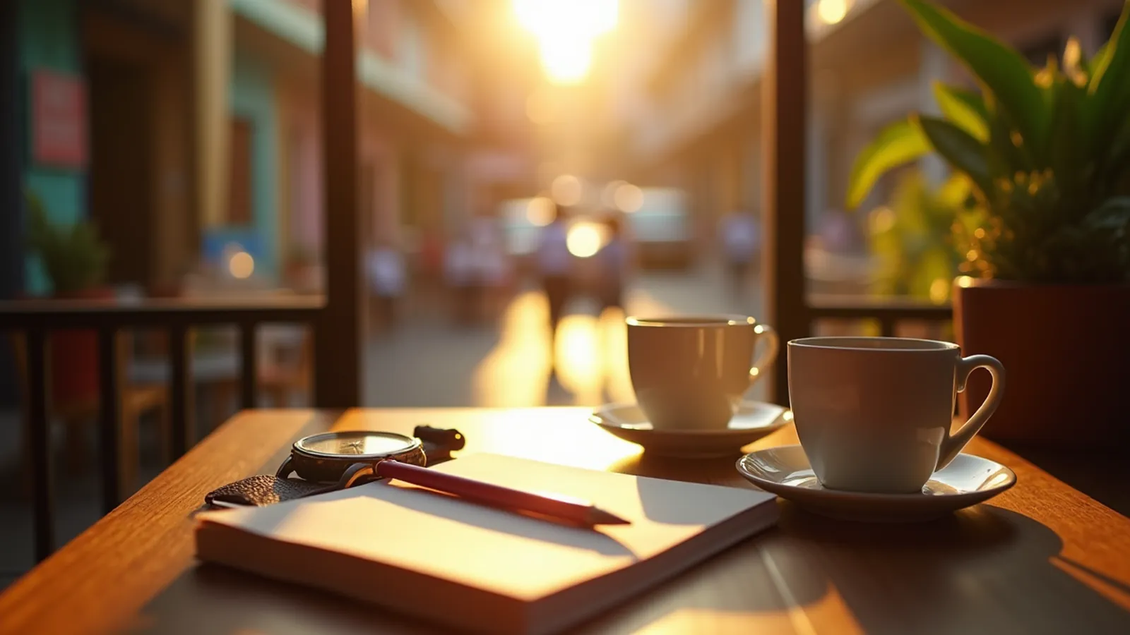 Sunlit café table with coffee, notebook, pencil, and face-down wristwatch for learning Spanish time phrases.