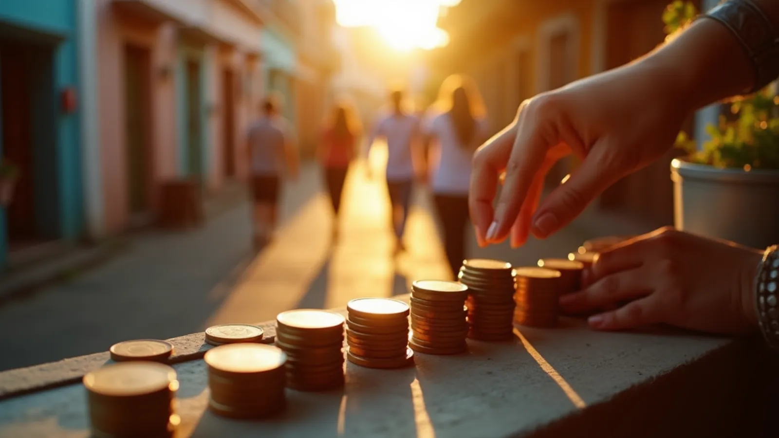 A hand hovering over rows of coins for a speak-aloud totals drill
