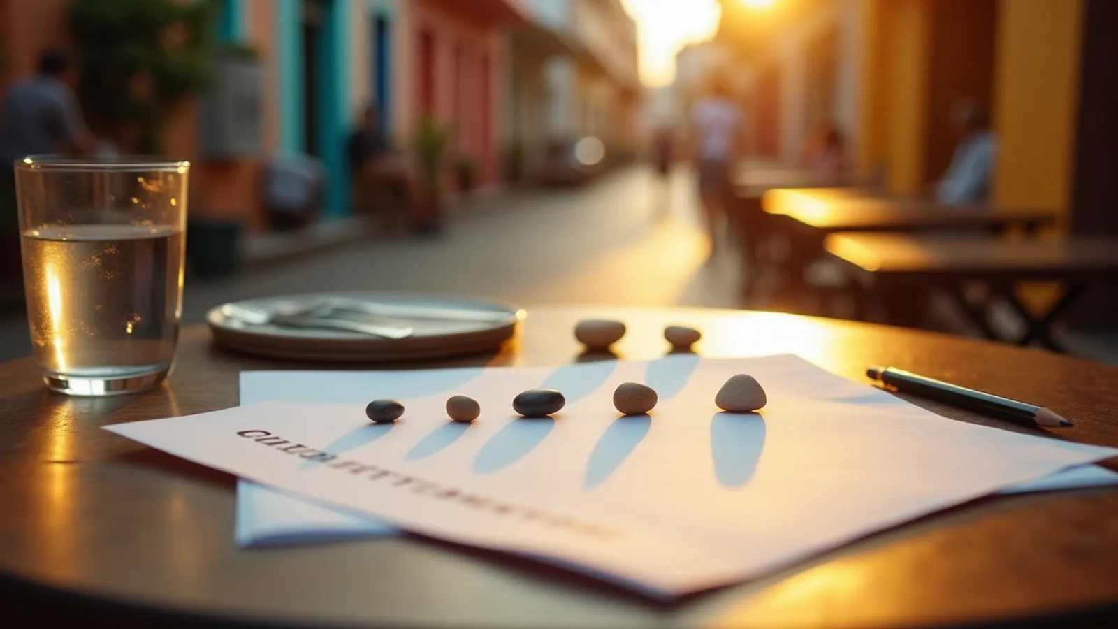 Five small pebbles in a row beside a blank checklist and pencil on a table