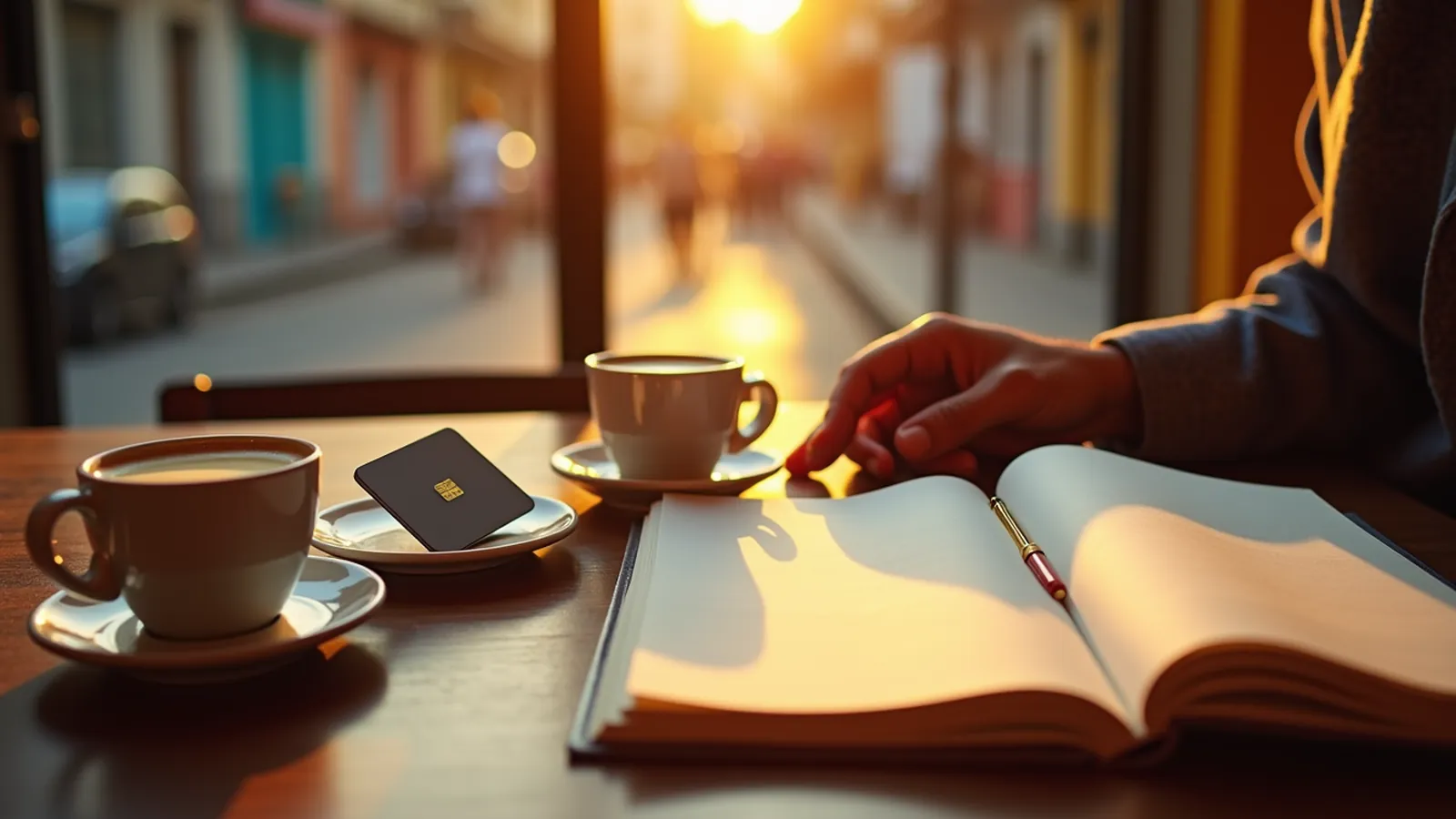 Café table with coffee, a bill tray and a card for splitting the bill in Spanish