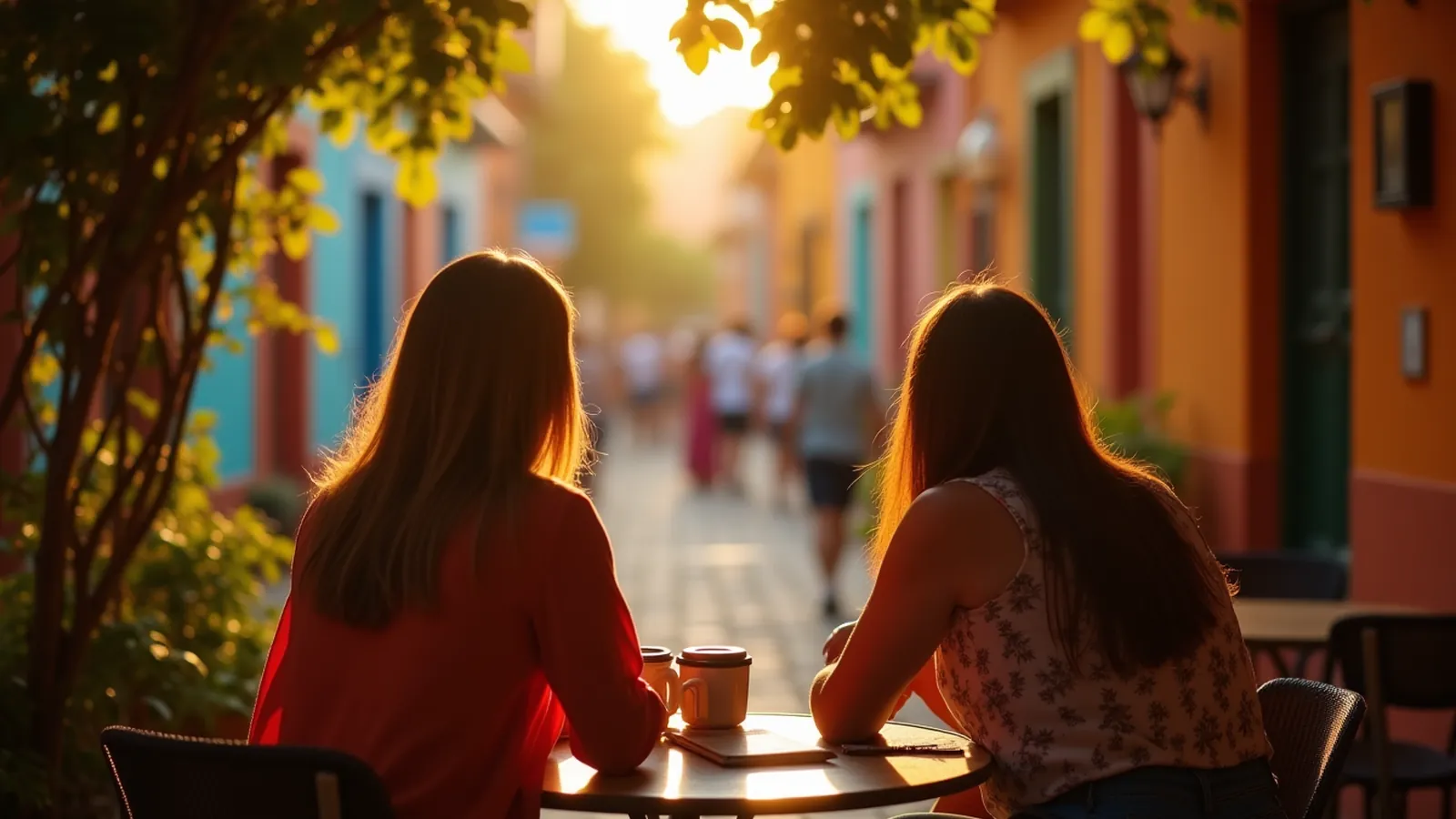Two people at a sunny café table, illustrating choosing usted vs tú Spanish.