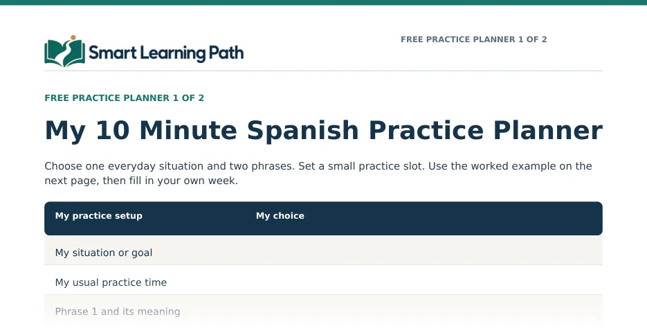 Top part of page 1 of the Practice Planner; the full two-page planner comes by email
