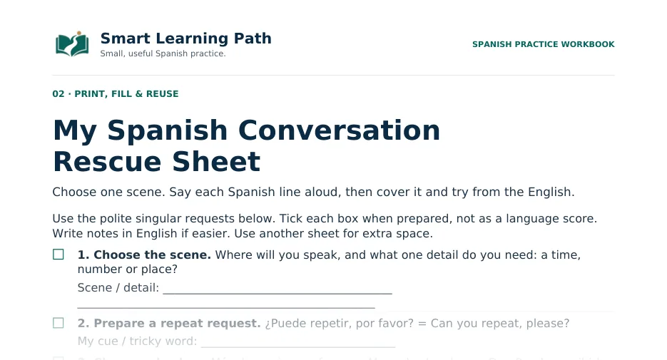 Top part of the one-page rescue sheet: My Spanish Conversation Rescue Sheet, with the first steps to choose a scene and prepare a repeat request