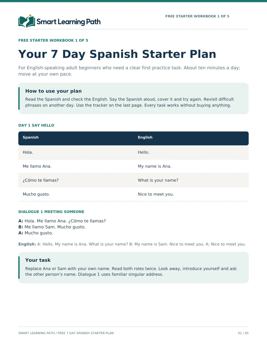 Page 1 of the free 7 Day Spanish Starter Plan with greeting phrases in Spanish and English