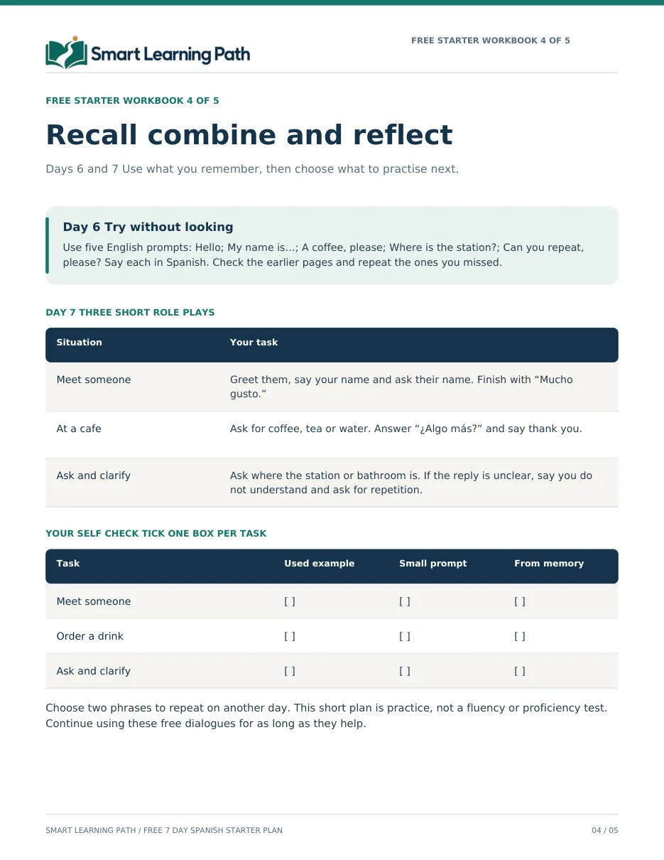Page 4 of the free 7 Day Spanish Starter Plan, the cafe dialogue day where you hear a price and pay
