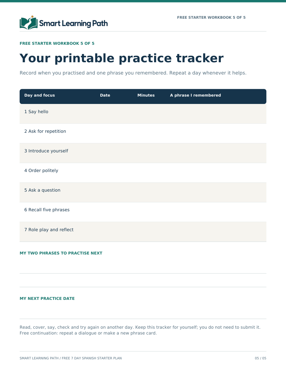 Plan page 5: the printable seven-day practice tracker