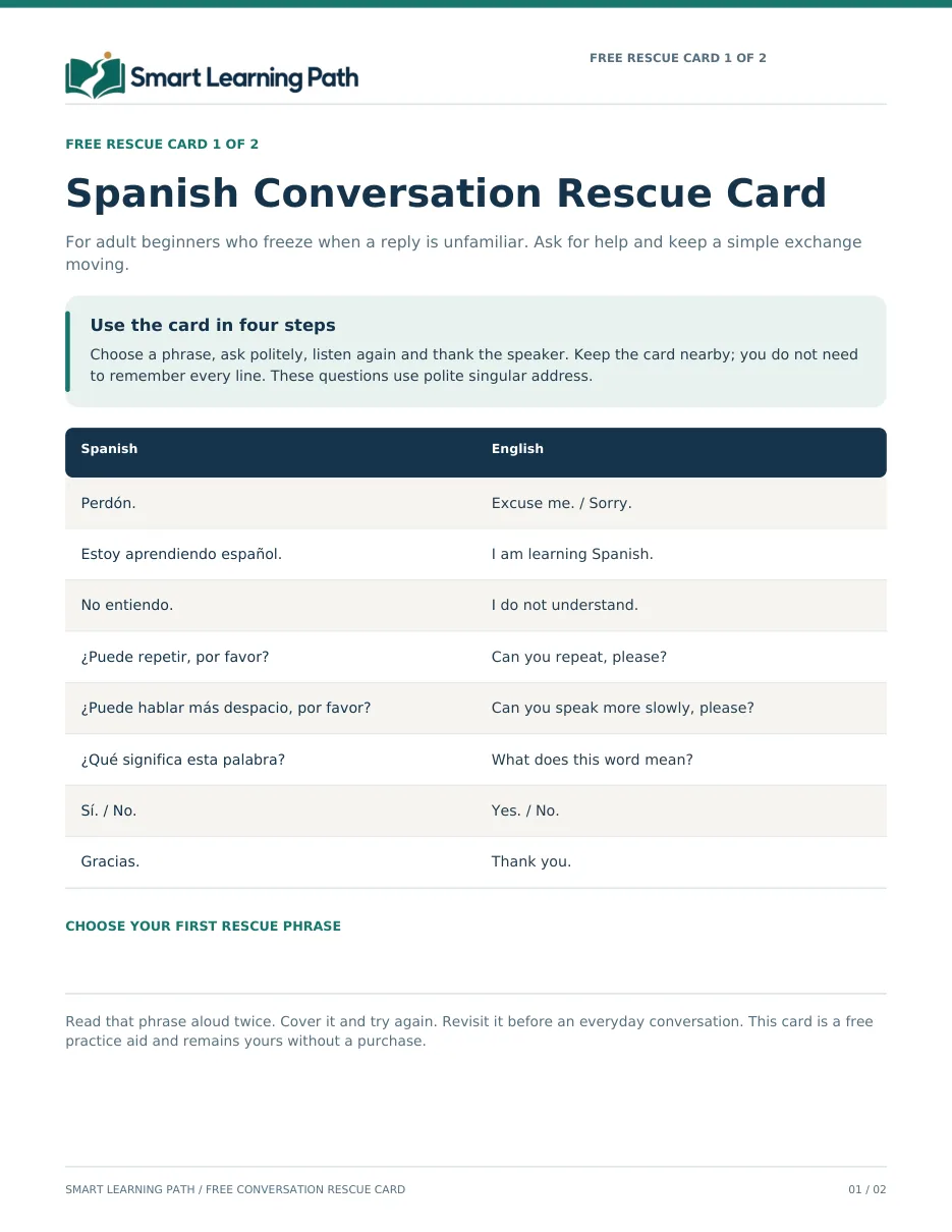 Page 1 of the free Conversation Rescue Card, with clarification phrases such as Puede repetir, por favor
