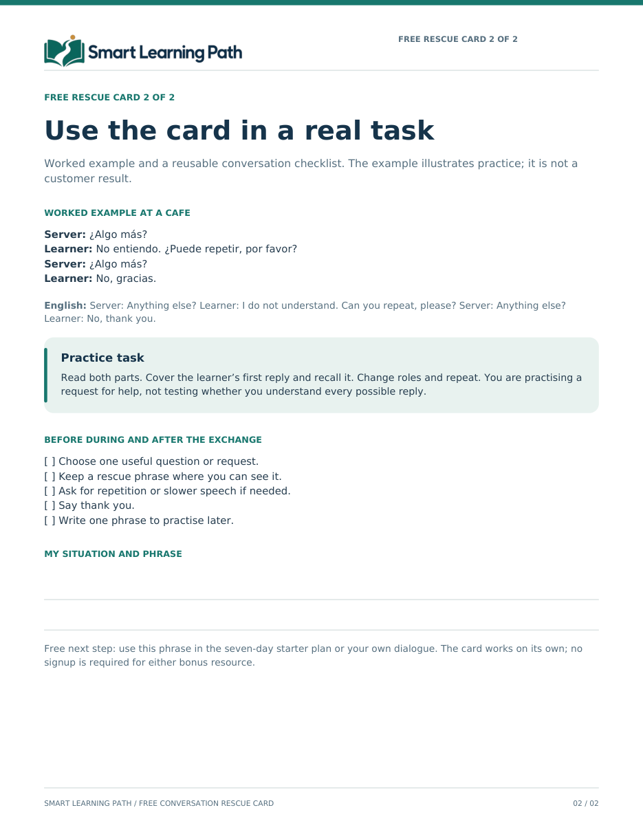 Rescue Card page 2: a worked café example, a five-point checklist and space for your own situation and phrase
